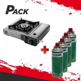 PACK COCINA GAS PORTATIL DOBLE MUVIP + 4 CARTUCHOS GAS 227GR. MADER