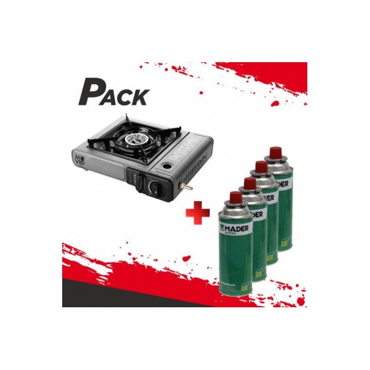 PACK COCINA GAS PORTATIL DOBLE MUVIP + 4 CARTUCHOS GAS 227GR. MADER