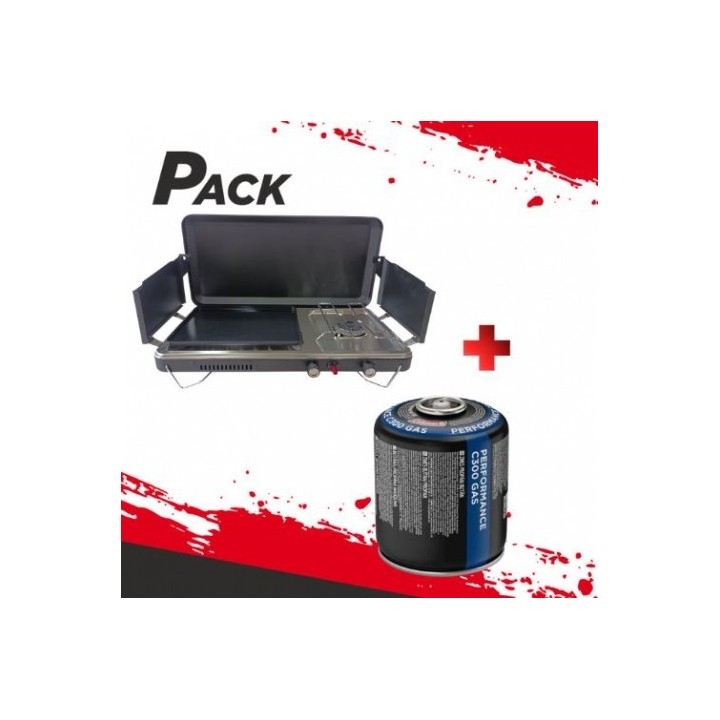 COCINA DE GAS PORTATIL PREMIUM PLANCHA + DOBLE QUEMADOR + CARTUCHO DE GAS