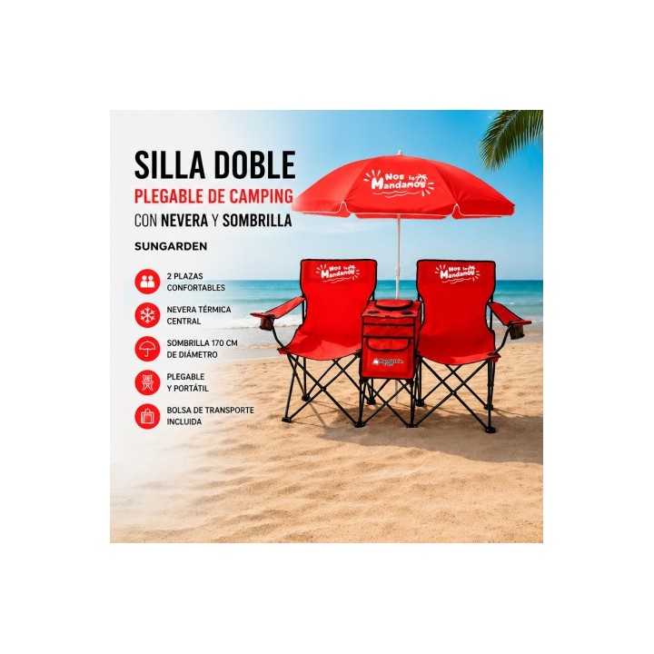 SILLA DOBLE PLEGABLE DE CAMPING CON NEVERA Y SOMBRILLA SUNGARDEN