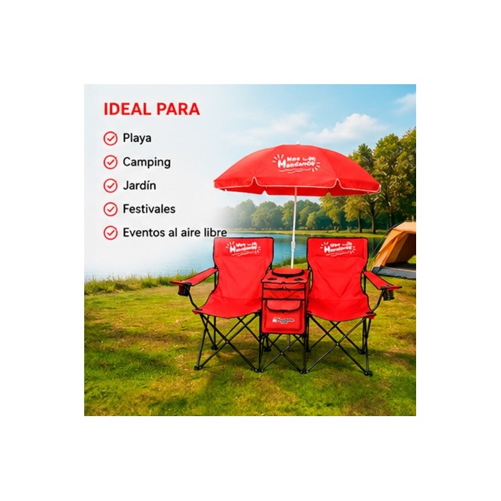 SILLA DOBLE PLEGABLE DE CAMPING CON NEVERA Y SOMBRILLA SUNGARDEN