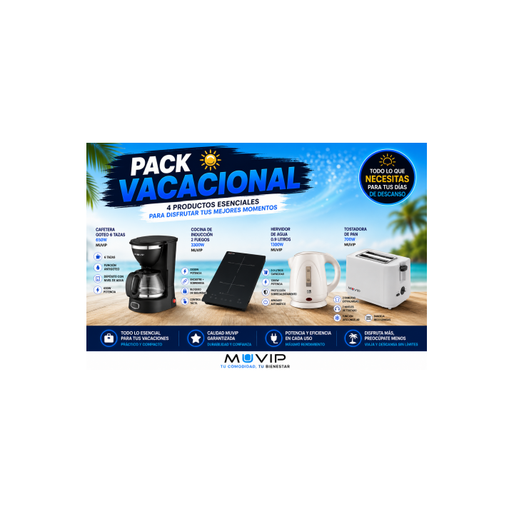 PACK VACACIONAL COCINA INDUCCION + CAFETERA + HERVIDOR + TOSTADORA MUVIP