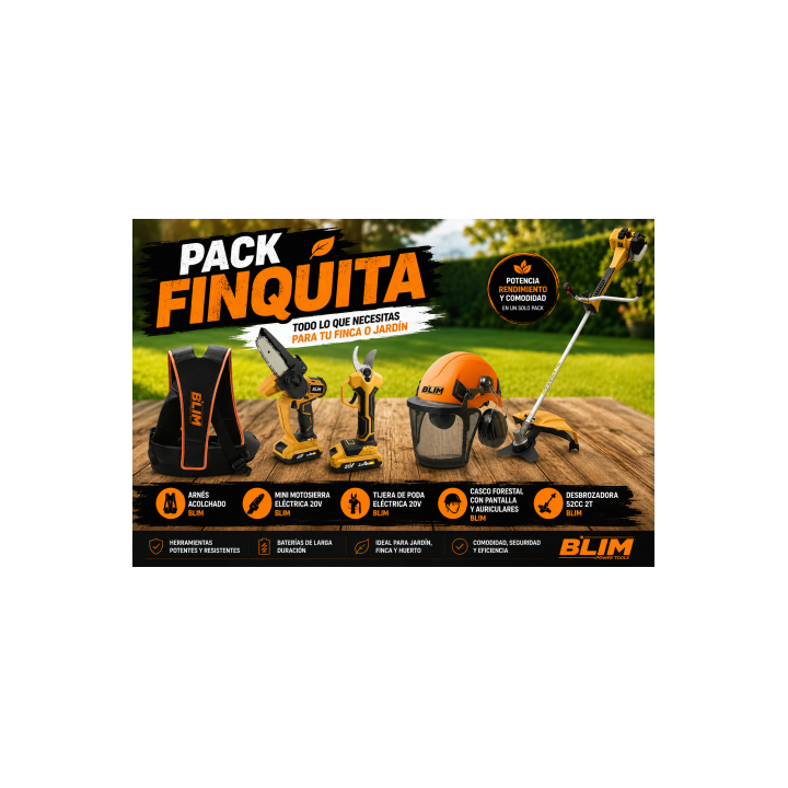 PACK FINCA DESBROZADORA + CASCO + ARNÉS + TIJERA + MINI SIERRA BATERIA BLIM