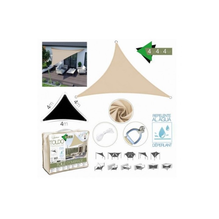 TOLDO TRIANGULAR 4X4X4 METROS BEIGE CON BOSLA