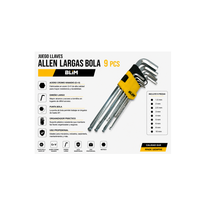 JUEGO LLAVES ALLEN LARGAS BOLA 9 PCS BLIM