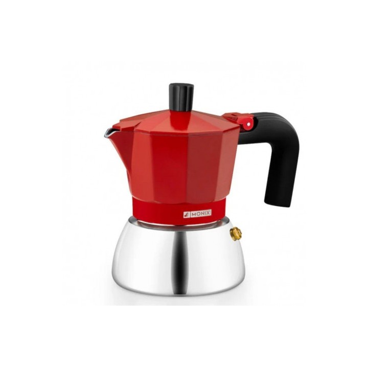 CAFETERA ITALIANA 3 TAZAS INDUCCION INOX ROJA MONIX