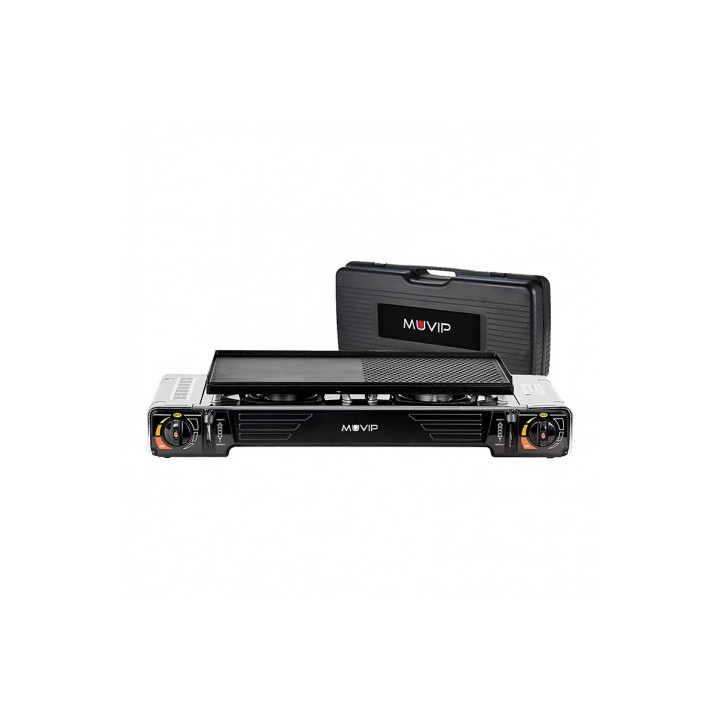 COCINA DE GAS PORTATIL DOBLE BOMBONA ACERO + PLANCHA + MALETIN MUVIP