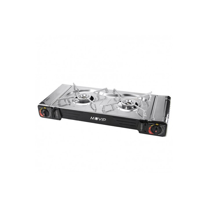 COCINA DE GAS PORTATIL DOBLE BOMBONA ACERO + PLANCHA + MALETIN MUVIP