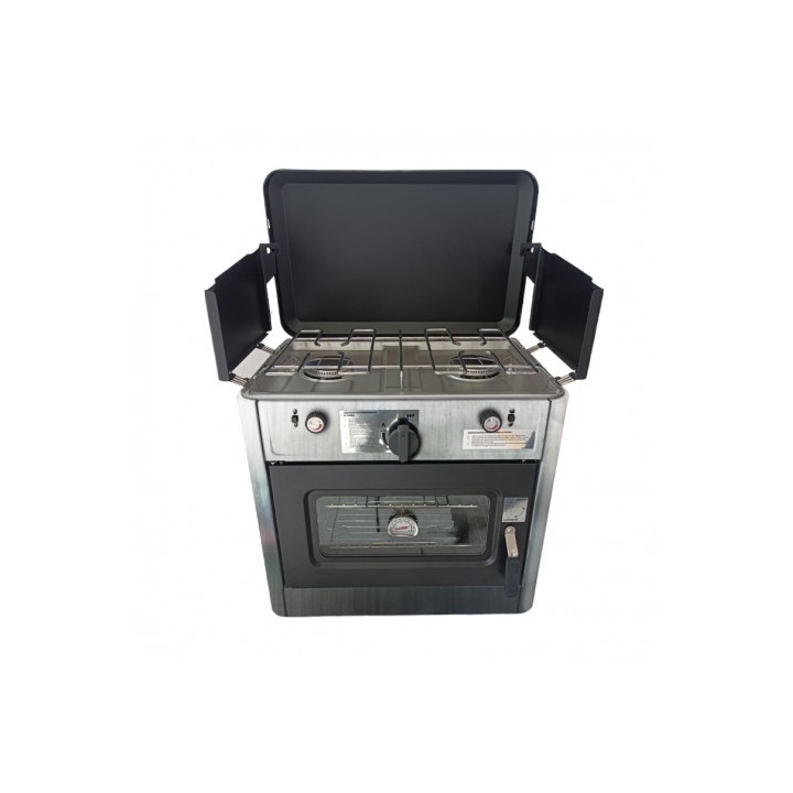 COCINA 2 FUEGOS CON TAPA + HORNO DE GAS CON SISTEMA DE SEGURIDAD MUVIP