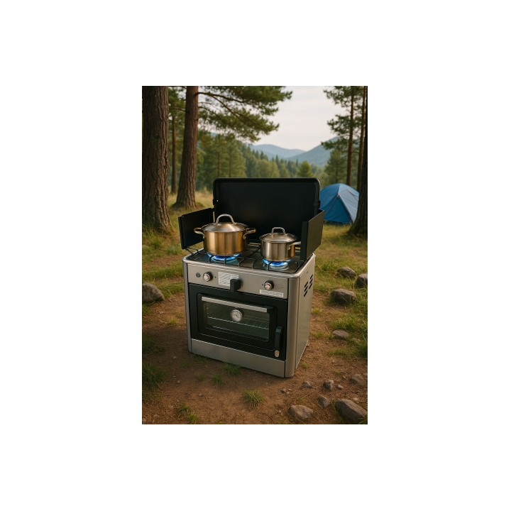 COCINA 2 FUEGOS CON TAPA + HORNO DE GAS CON SISTEMA DE SEGURIDAD MUVIP
