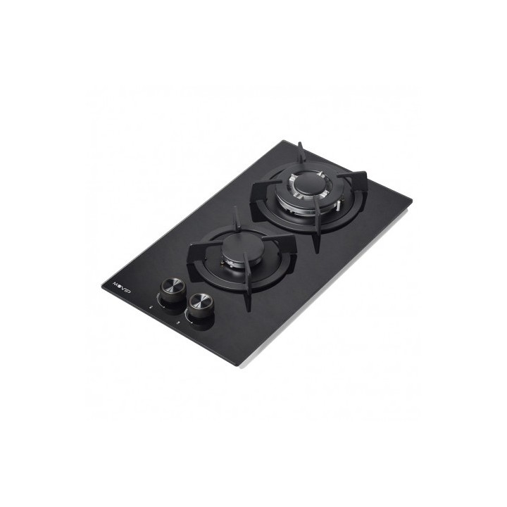 PLACA A GAS PARA ENCASTRAR 2 FUEGOS CRISTAL NEGRO MUVIP
