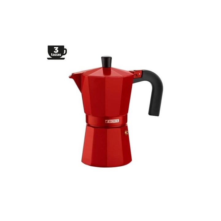 CAFETERA ITALIANA ALUMINIO 3 TAZAS VITRO ROJA MONIX