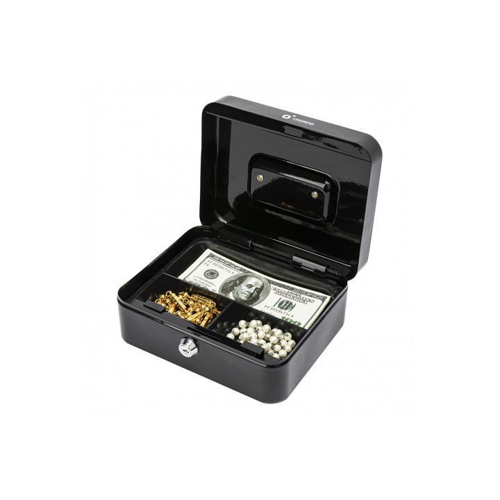 CAJA DE CAUDALES METÁLICA CON LLAVE 9X20X16CM 3 COMPARTIMENTOS CROMAD