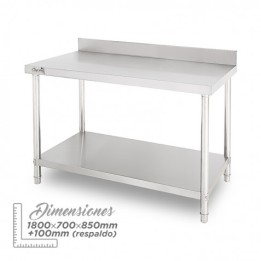MESA DE TRABAJO ACERO INOXIDABLE 180X70X85CM CON RESPALDO CHEF PRO