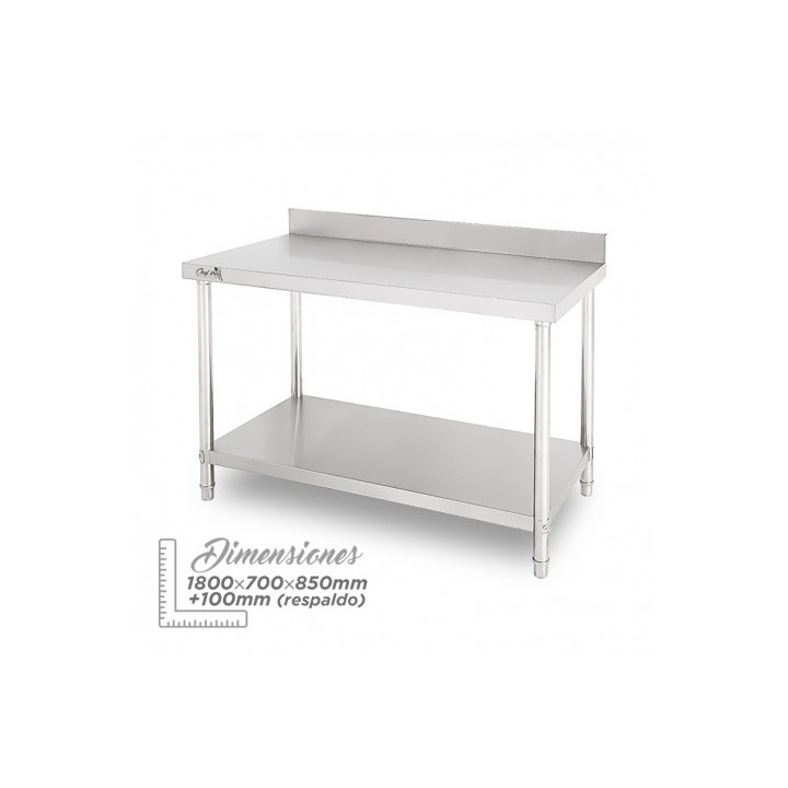 MESA DE TRABAJO ACERO INOXIDABLE 180X70X85CM CON RESPALDO CHEF PRO