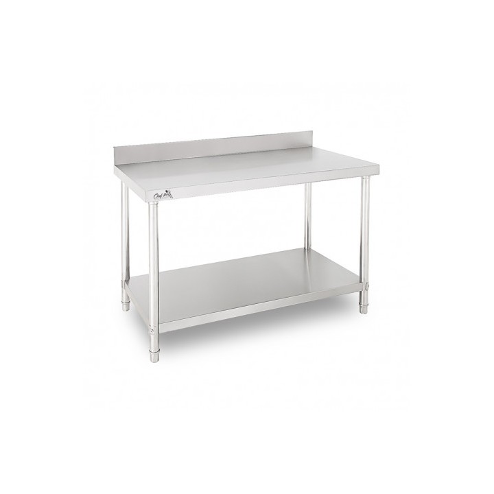 MESA DE TRABAJO ACERO INOXIDABLE 150X70X85CM CON RESPALDO CHEF PRO