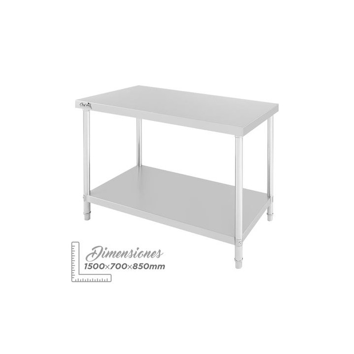 MESA DE TRABAJO ACERO INOXIDABLE 150X70X85CM CHEF PRO