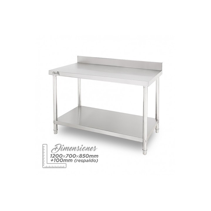 MESA DE TRABAJO ACERO INOXIDABLE 120X70X85CM CON RESPALDO CHEF PRO