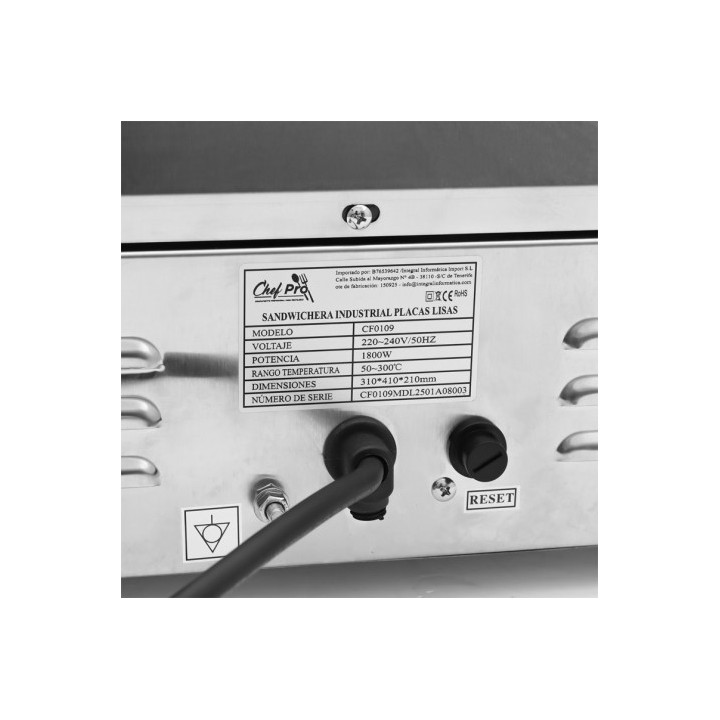 SANDWICHERA INDUSTRIAL PLACAS LISAS 1800W CHEF PRO