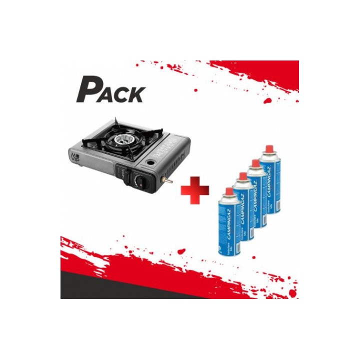 PACK COCINA GAS PORTATIL DOBLE MUVIP + 4 CARTUCHOS DE GAS 250GR CAMPINGAZ