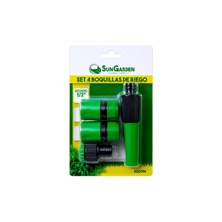 SET 4PCS BOQUILLA DE RIEGO + ADAPTADORES PARA MANGUERA 1/2" SUNGARDEN