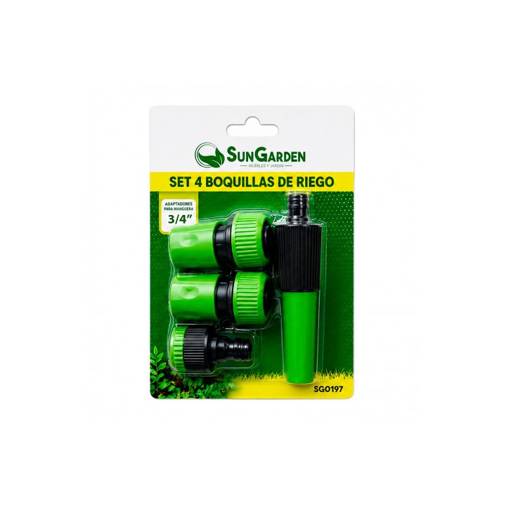 SET 4PCS BOQUILLA DE RIEGO + ADAPTADORES PARA MANGUERA 3/4" SUNGARDEN