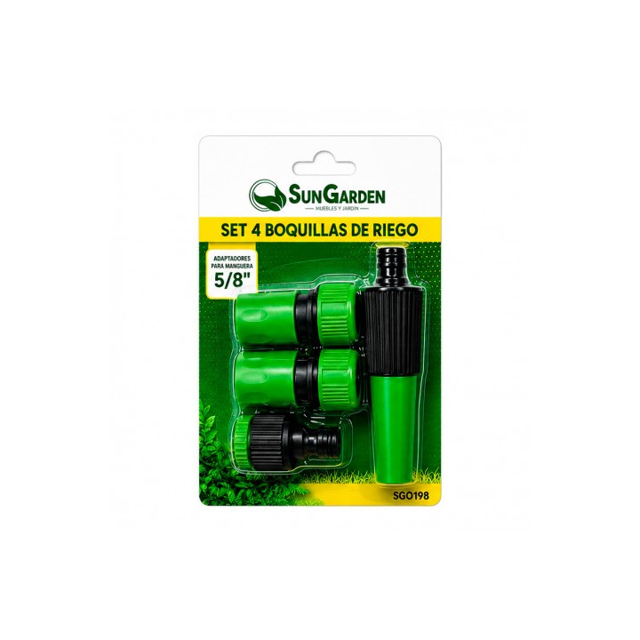 SET 4PCS BOQUILLA DE RIEGO + ADAPTADORES PARA MANGUERA 5/8" SUNGARDEN