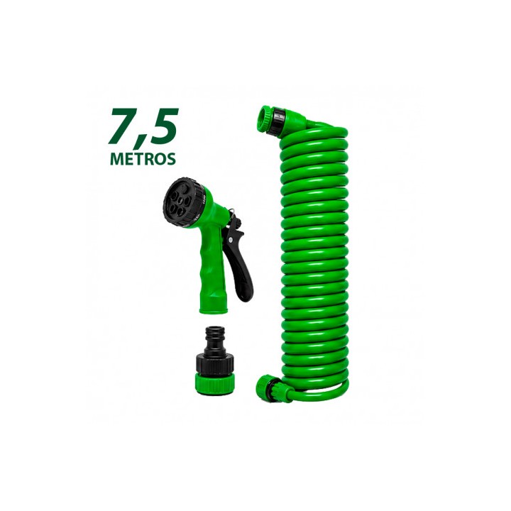 MANGUERA ESPIRAL DE JARDIN 7.5 METROS CON PISTOLA DE RIEGO SUNGARDEN
