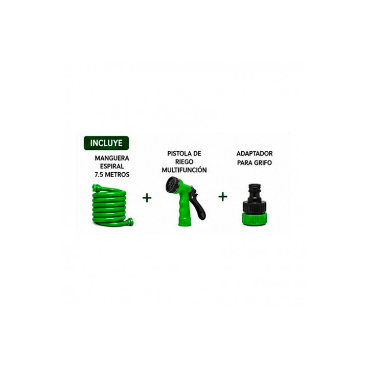 MANGUERA ESPIRAL DE JARDIN 7.5 METROS CON PISTOLA DE RIEGO SUNGARDEN