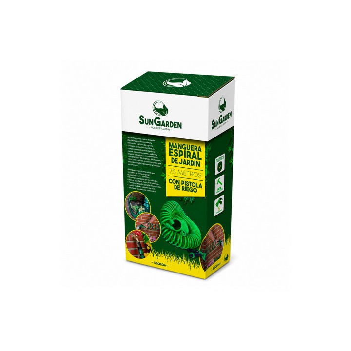 MANGUERA ESPIRAL DE JARDIN 7.5 METROS CON PISTOLA DE RIEGO SUNGARDEN