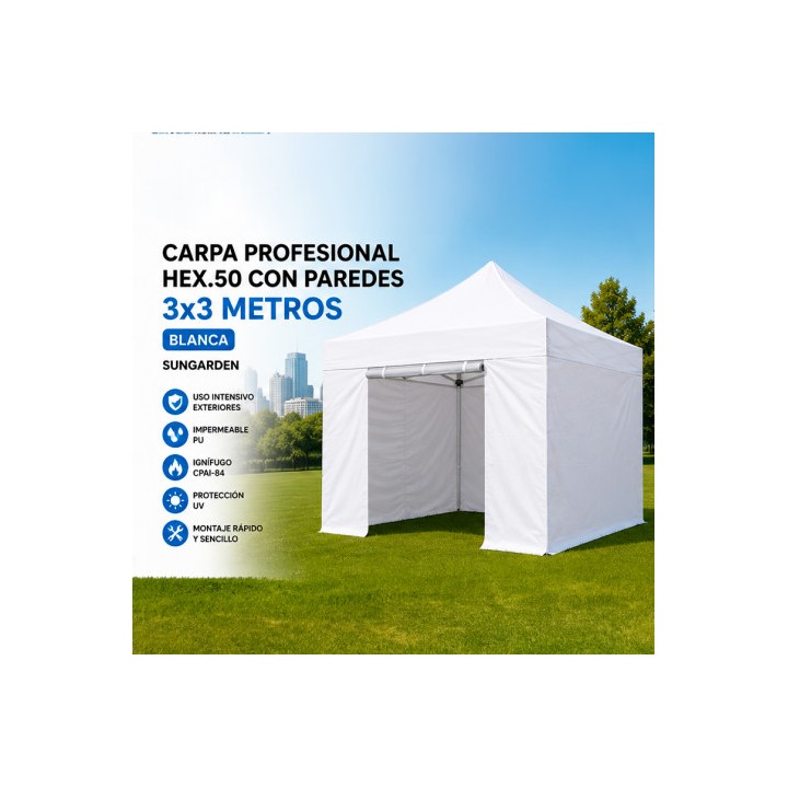 CARPA PROFESIONAL HEX.50 CON PAREDES 3X3 METROS BLANCA SUNGARDEN