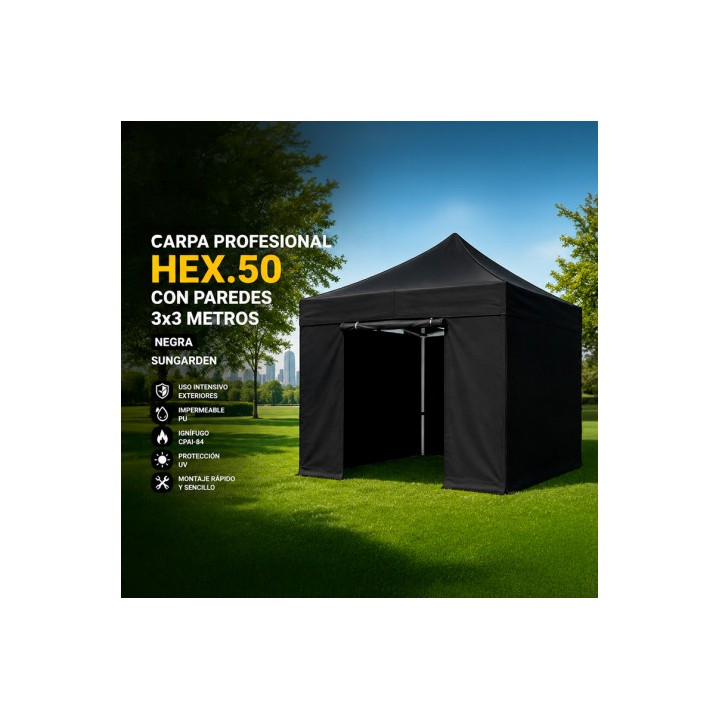 CARPA PROFESIONAL HEX.50 CON PAREDES 3X3 METROS NEGRA SUNGARDEN