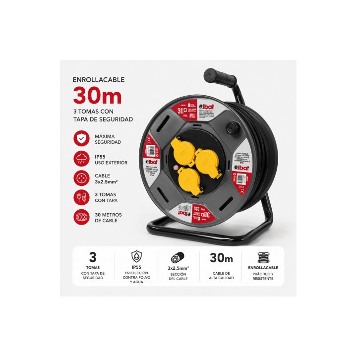ENROLLADOR DE CABLE PROREEL HEAVY DUTY 30 METROS CABLE 3X2.5MM IP55 ELBAT