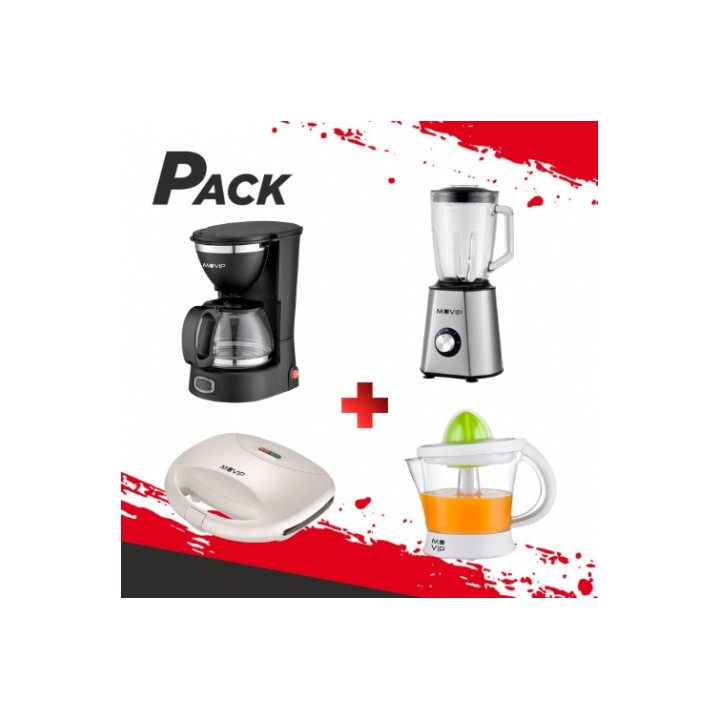 PACK DESAYUNO SANDWICHERA + CAFETERA + EXPRIMIDOR + BATIDORA MUVIP