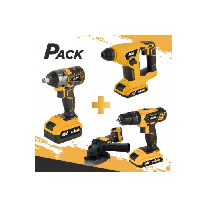 PACK 20V TALADRO + LLAVE DE IMPACTO + RADIAL + MARTILLO + 3 BATERIAS BLIM