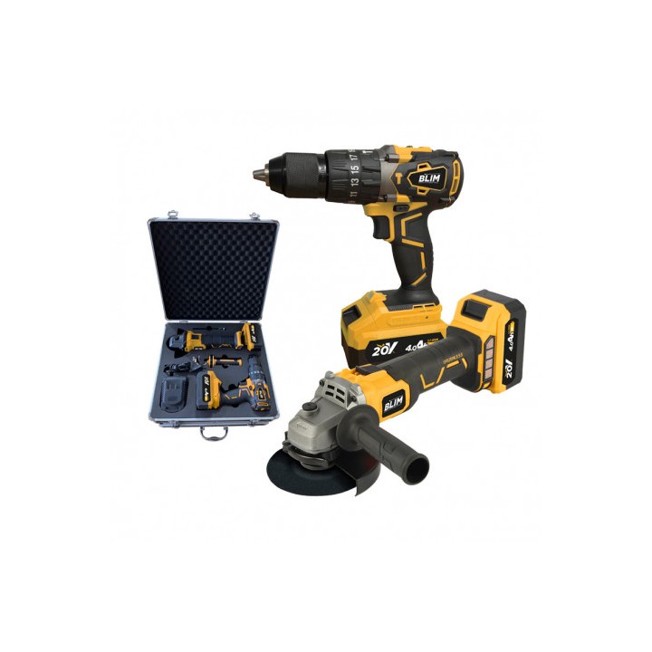 PACK 20V TALADRO PERCUTOR+RADIAL S/CARBONES | 2 X 4AH | CAJA ALUMINIO BLIM