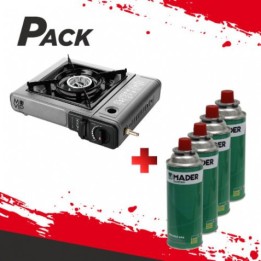PACK COCINA GAS PORTATIL DOBLE MUVIP + 4 CARTUCHOS GAS 227GR. MADER