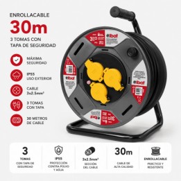 ENROLLADOR DE CABLE PROREEL HEAVY DUTY 30 METROS CABLE 3X2.5MM IP55 ELBAT