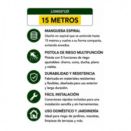 MANGUERA ESPIRAL DE JARDIN 15 METROS CON PISTOLA DE RIEGO SUNGARDEN