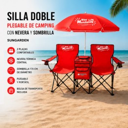 SILLA DOBLE PLEGABLE DE CAMPING CON NEVERA Y SOMBRILLA SUNGARDEN