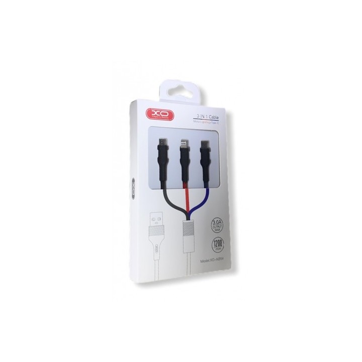 CABLE NB54 CARGA RAPIDA CORDON 3 EN 1 | MICRO + TIPO C + LIGHTNING A USB XO