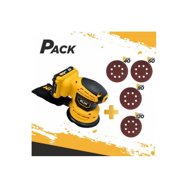 PACK LIJADORA ROTORBITAL 125MM 20V 2AH + JUEGO DE 40 LIJAS BLIM